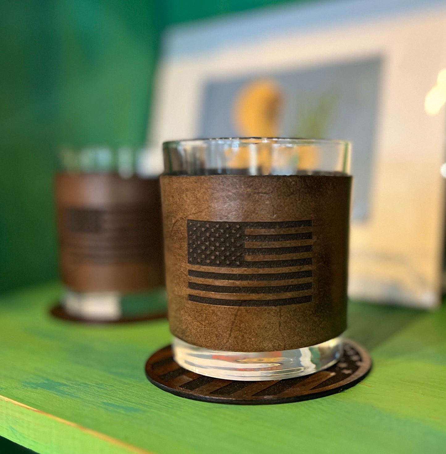 American flag leather-wrapped bourbon glasses