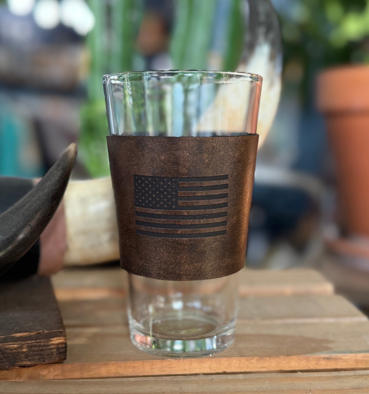 Pint glass- American Flag leather wrapped