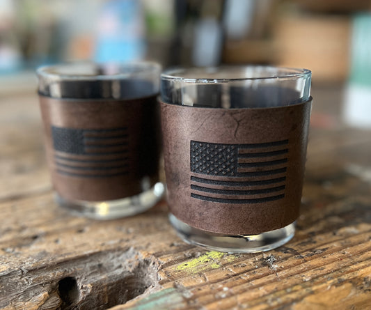 American flag leather-wrapped bourbon glasses